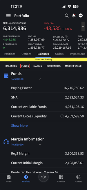 The funds detail on the iPhone
